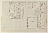Villa Farnesina, Stables, half front elevation and end elevation (recto) Palazzo Salviati-Adimari, plan (verso), Drawn by Anonymous, French, 16th century, Dark brown ink, black chalk, ink wash, and incised lines